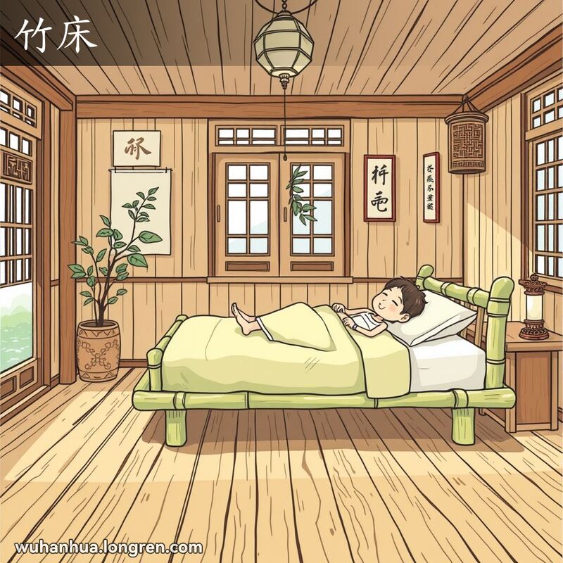 一间传统中式房间内，一位人物舒适地躺在竹床上，房间充满自然光，展示竹床的舒适和简洁。