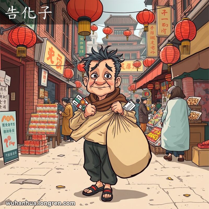 一个穿着破旧的乞丐在武汉年货市场中行走，背着大袋子，表情疲惫但充满希望，背景是武汉老街景。