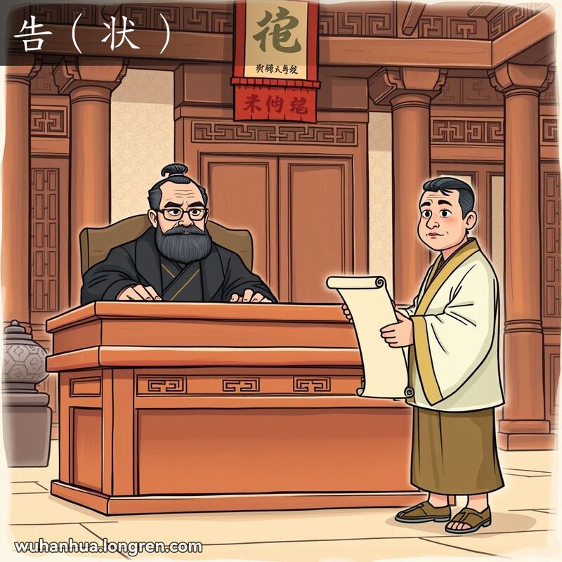 一个男子在传统中国法庭上向法官递交诉状，背景是古典建筑风格的法庭