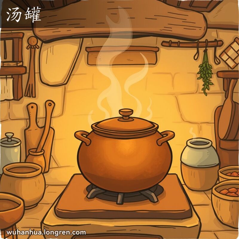 一个传统武汉厨房，炉子上放着一个大铁锅，锅里冒着热气，背景有木勺和草药