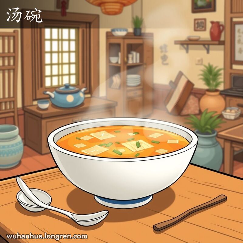 一个温馨的厨房场景，桌上有一碗热气腾腾的汤，旁边有筷子和勺子，背景是传统的木质家具和柔和的自然光。