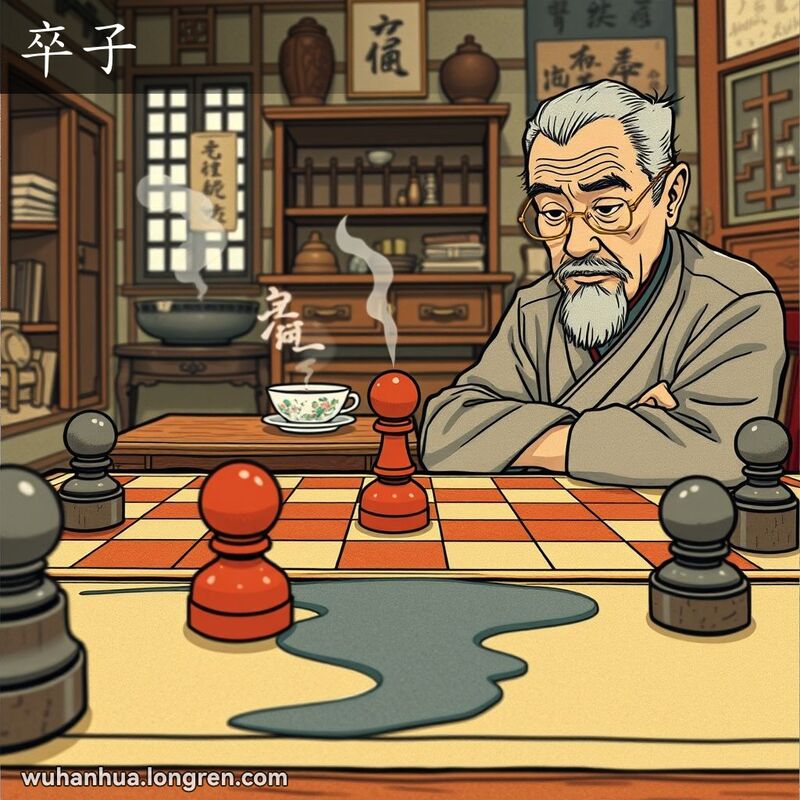 老人在武汉传统客厅里下象棋，红色‘卒子’过河，背景有木桌和茶杯。