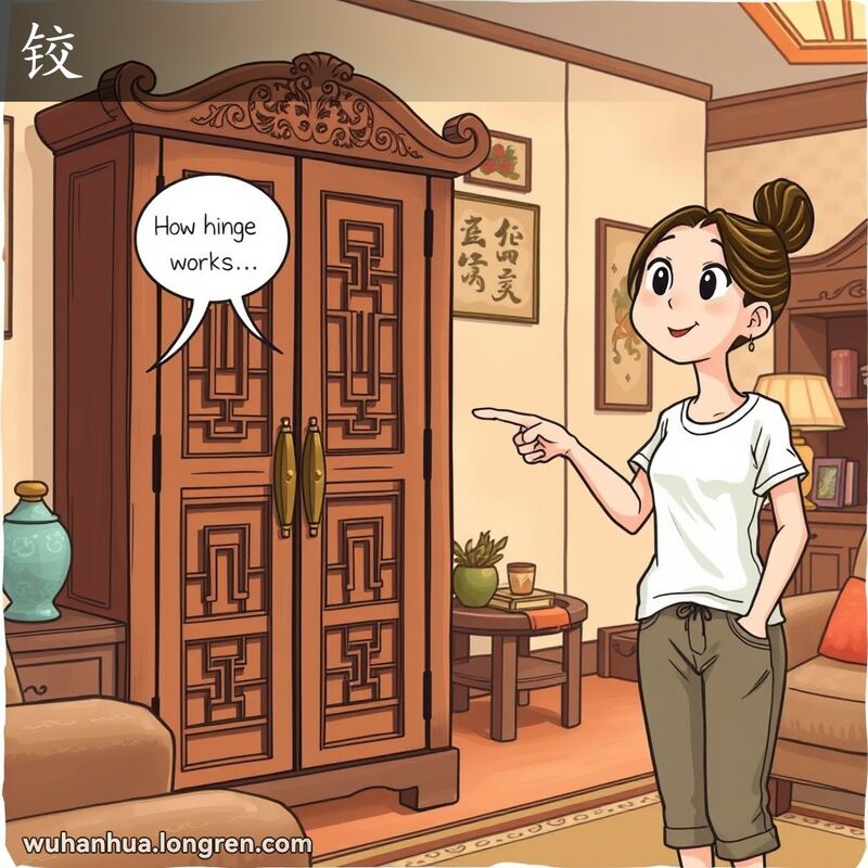 一位女性在客厅里指着木质橱柜的铰链，背景是温馨的家庭氛围