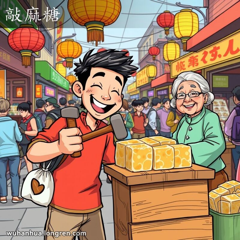 武汉街头市场，年轻人用锤子敲打花生糖，摊主微笑观看，背景是热闹的市场景象