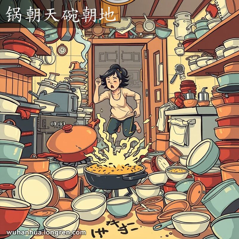 一个传统武汉家庭的厨房，锅碗瓢盆乱七八糟地散落在各处，有的锅翻倒在灶台上，有的碗倒扣在地上，整个场景充满了忙乱和杂乱的氛围。