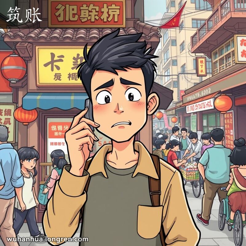 一位年轻男子在武汉街头打电话，神情严肃，背景是繁忙的街道和传统建筑