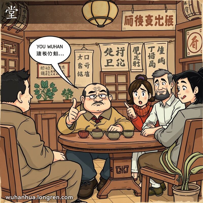 一群武汉本地人在传统茶馆中聚会，主角手指着旁边的两个人，表情严肃但带有了然的神色，背景有传统茶具和书法挂轴。