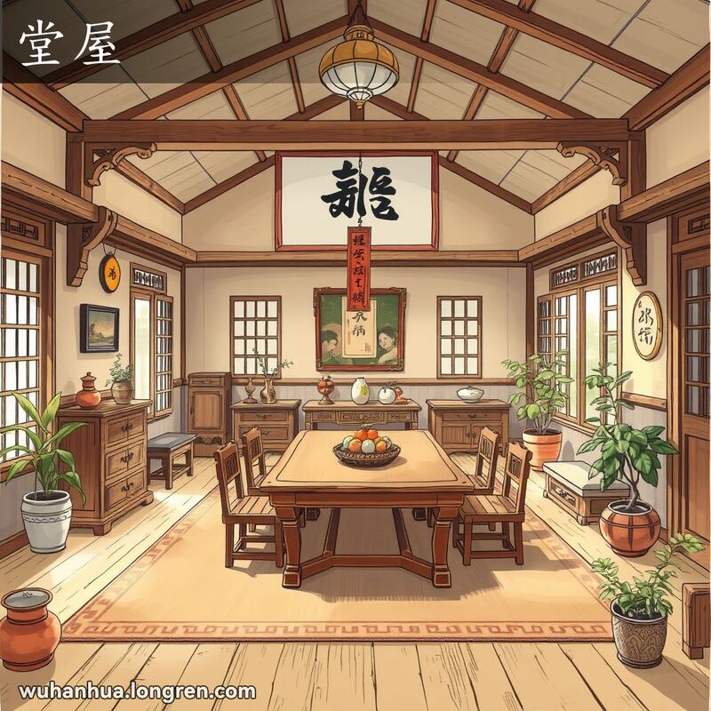 一间传统的武汉式堂屋，房间宽敞明亮，布置着老式木质家具和古董装饰品，窗户透进自然光，几盆绿植点缀其间，整体氛围温馨舒适。