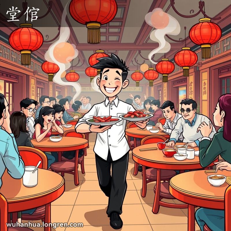 一位跑堂侍者在热闹的中餐馆里忙碌，托盘上有热气腾腾的菜肴，背景是其他侍者和顾客。
