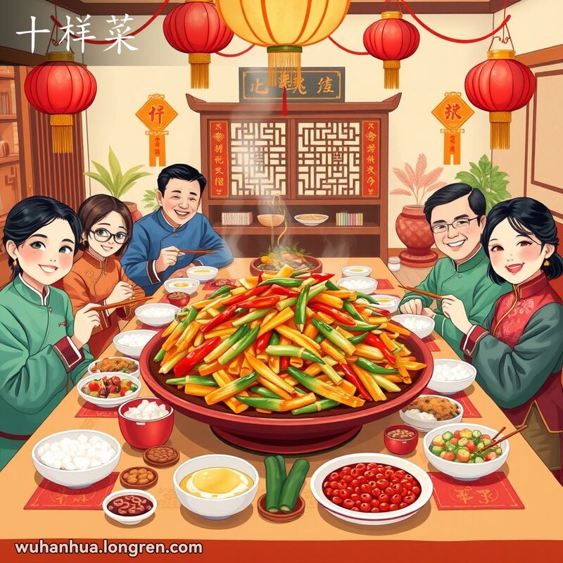 武汉家庭在春节期间围坐在一起享用“十样菜”的场景，画面中央是一大盘色彩斑斓的“十样菜”，周围摆放着碗筷和其他节日装饰，背景中有红灯笼和春联。