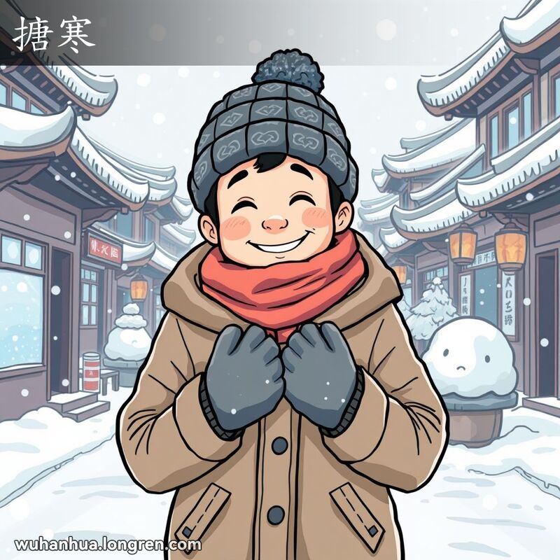 一位穿着厚重冬衣的人站在雪中的武汉街头，背景是传统建筑和寒冷的氛围，表现“搪寒”的含义