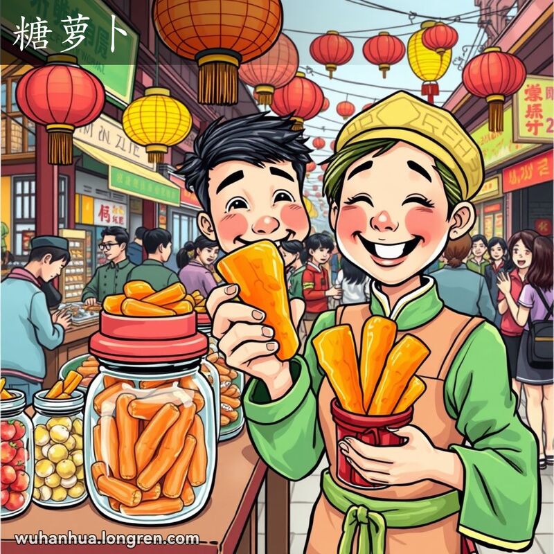 武汉街头传统糖果摊，摊主手持糖萝卜邀请路人品尝，背景是热闹的市场场景