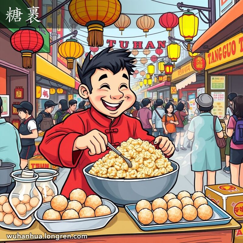 武汉街头市场上，摊主正在制作“糖裹”，背景是热闹的市场景象