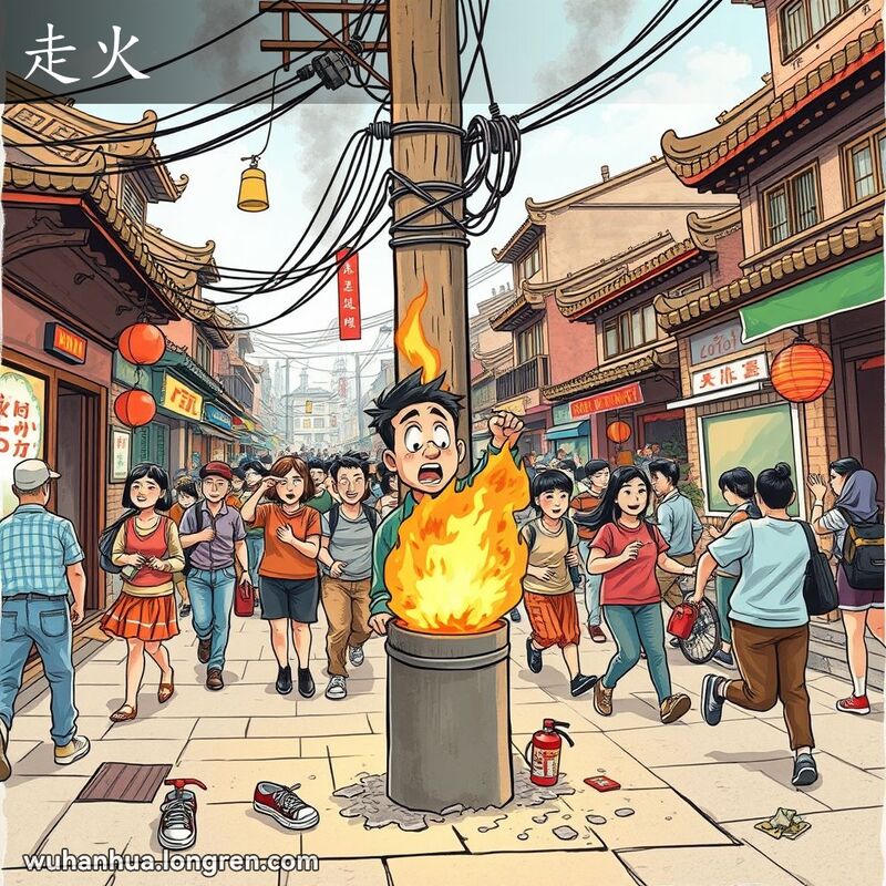 武汉老街上，一名男子站在电线杆旁，电线破损引起火灾，男子惊恐呼救，背景中人们赶来救火。