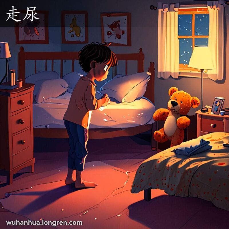 一个穿着睡衣的小孩站在床边，房间昏暗，小孩露出担忧和尴尬的表情，低头看着床垫上的湿痕，背景是温馨的儿童房。