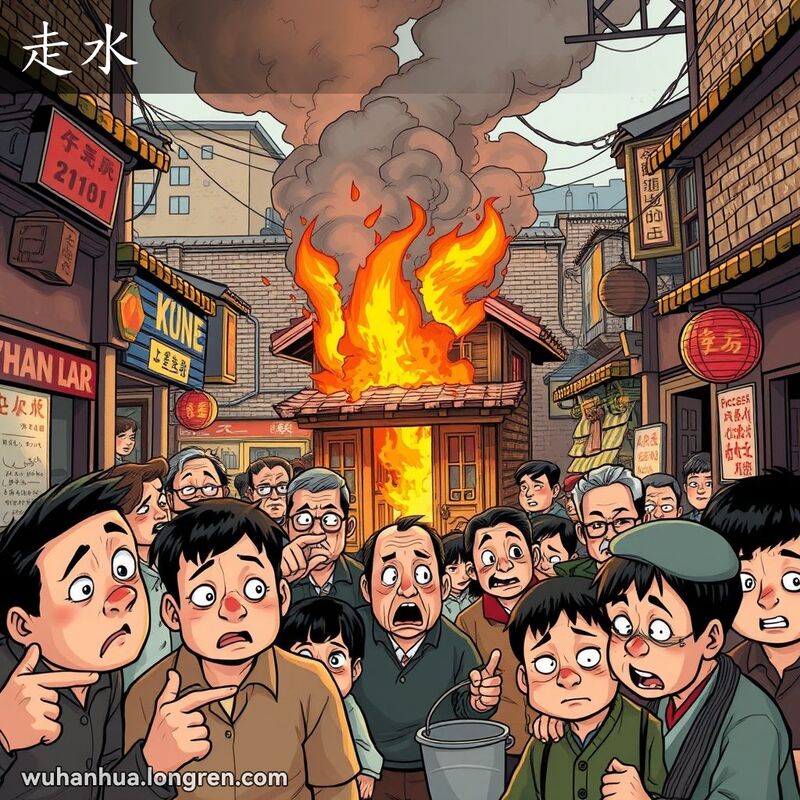 武汉老街上一群居民焦虑地看着一座着火的小木屋，火焰和浓烟弥漫，背景是老砖墙和传统招牌。