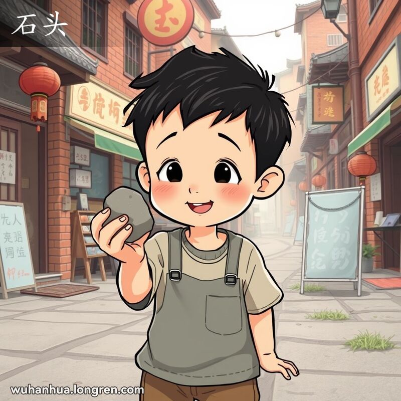 一位武汉小男孩在老街边玩耍，手中拿着一块坚硬的石头，好奇地观察着，背景是武汉老街景