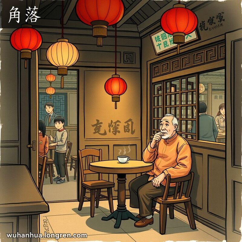 一位老人在武汉传统茶馆的角落里独自品茶，背景是温馨的茶馆环境
