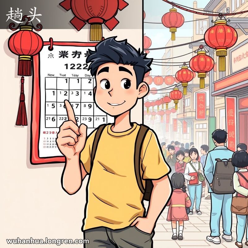 一位年轻男子站在日历前，手指着第一天，背景是繁忙的武汉街景