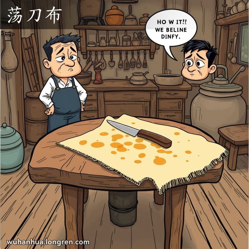 一个传统的武汉厨房，桌子上摆放着一块用来磨刀的布条，布条上有油渍和磨损的痕迹，旁边放着一把刀，背景是老式的厨房用具和朴素的氛围。