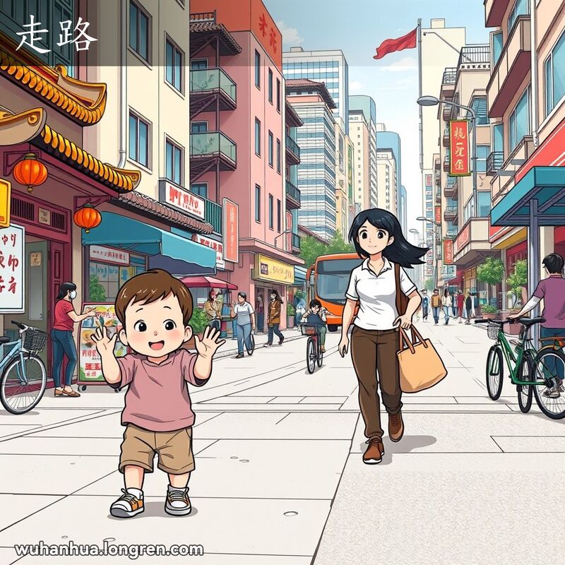 武汉街道上，小孩迈出第一步，成年人坚定地步行，背景是繁忙的城市生活场景
