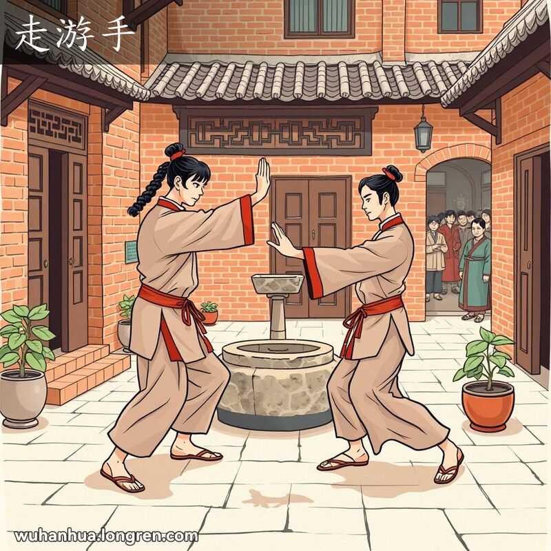 两位武汉市民在老式院落中进行拳术对练，背景是武汉老街景