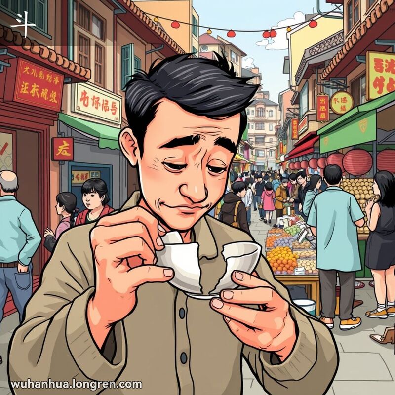 一位武汉男子在街头试图拼合破碗，背景是热闹的武汉街市