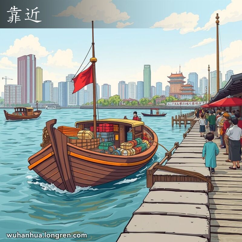 一艘传统木船缓缓驶向武汉码头，船长小心驾驶，码头上人们等待登船或卸货，背景是黄鹤楼。