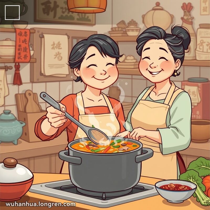 一位中年妇女在厨房炉灶前搅拌一锅热气腾腾的汤，背景是传统中式厨房