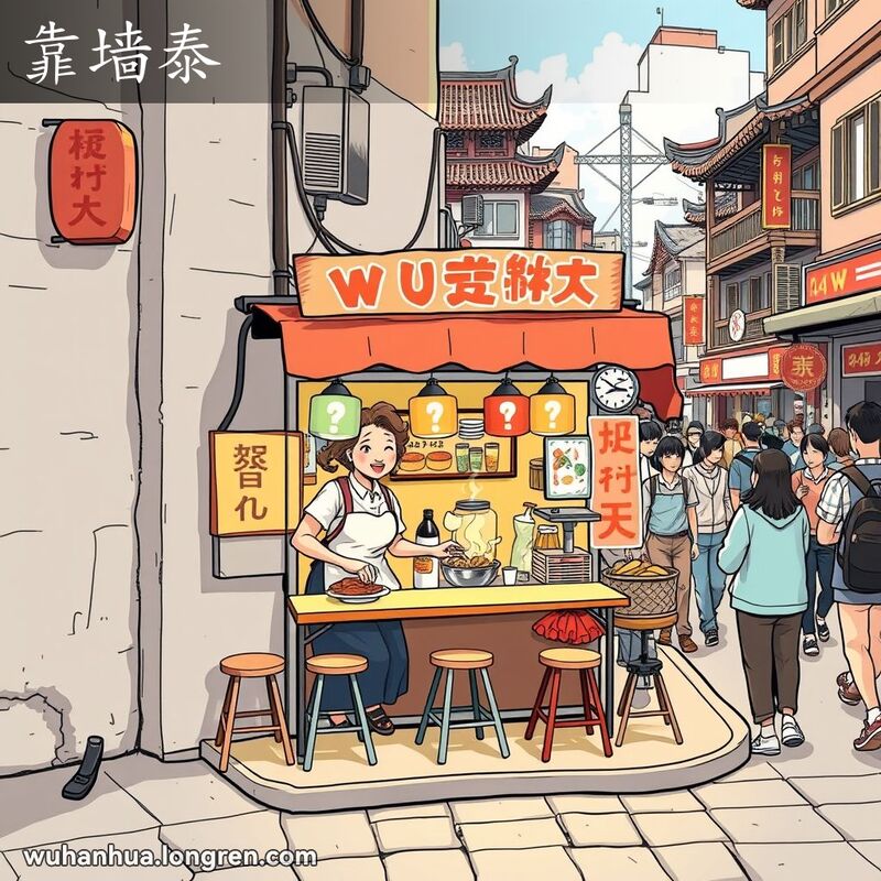 武汉街头靠墙而设的小食摊，摊主友善地与顾客交谈，背景是老建筑和热闹的街道