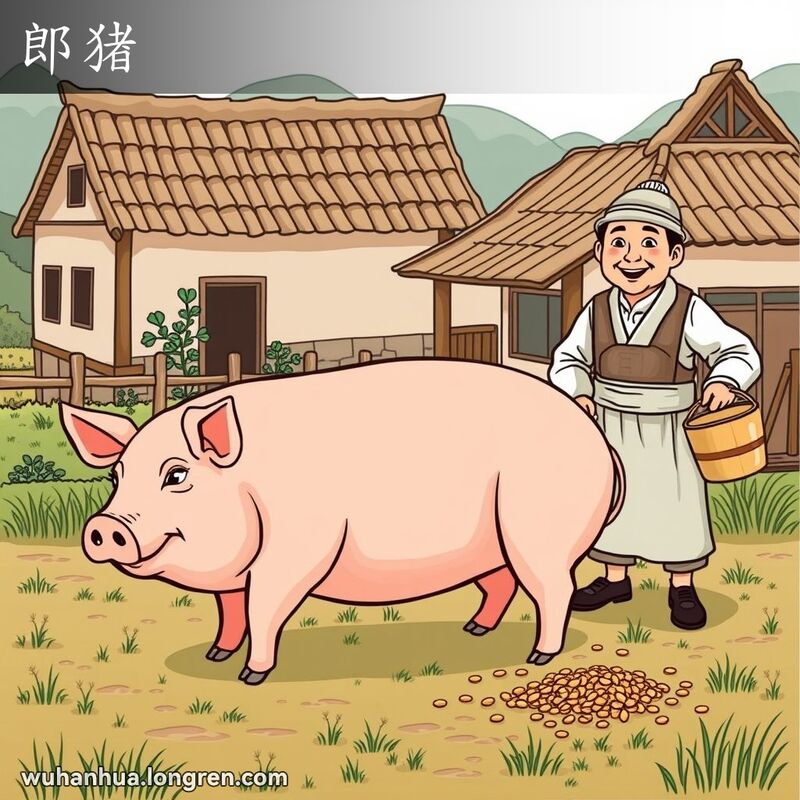一个中国农村场景，农民在喂养一头健壮的公猪，背景是传统农舍和菜园。