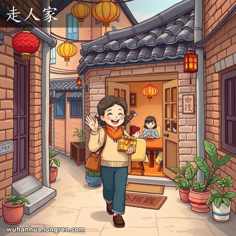 一位中年妇女愉快地走向邻居家，手中拎着礼物，背景是温馨的武汉老街景，门口半掩的邻居家透出温暖的氛围。