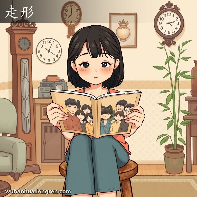 一位武汉女子坐在老式木凳上，翻看相册中一张走形的照片，脸上露出失望的表情，背景是温馨的老式客厅。