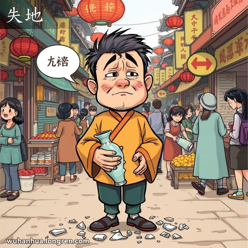 一位男子在武汉市场中打碎花瓶，脸上露出“失地”的表情，背景是繁忙的市场场景