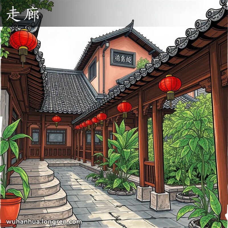 传统武汉庭院中的走廊，木质结构，雕刻精美，屋顶铺瓦，走道略高于地面，背景有绿植和传统建筑
