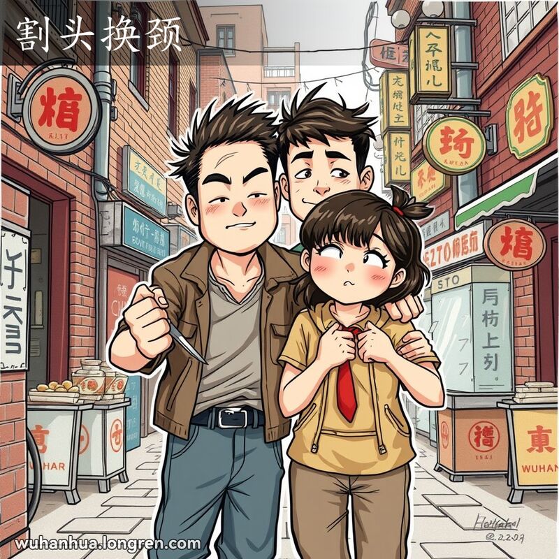 两位武汉市民站在老街上，手持象征性的刀和颈部，表现“割头换颈”的友谊