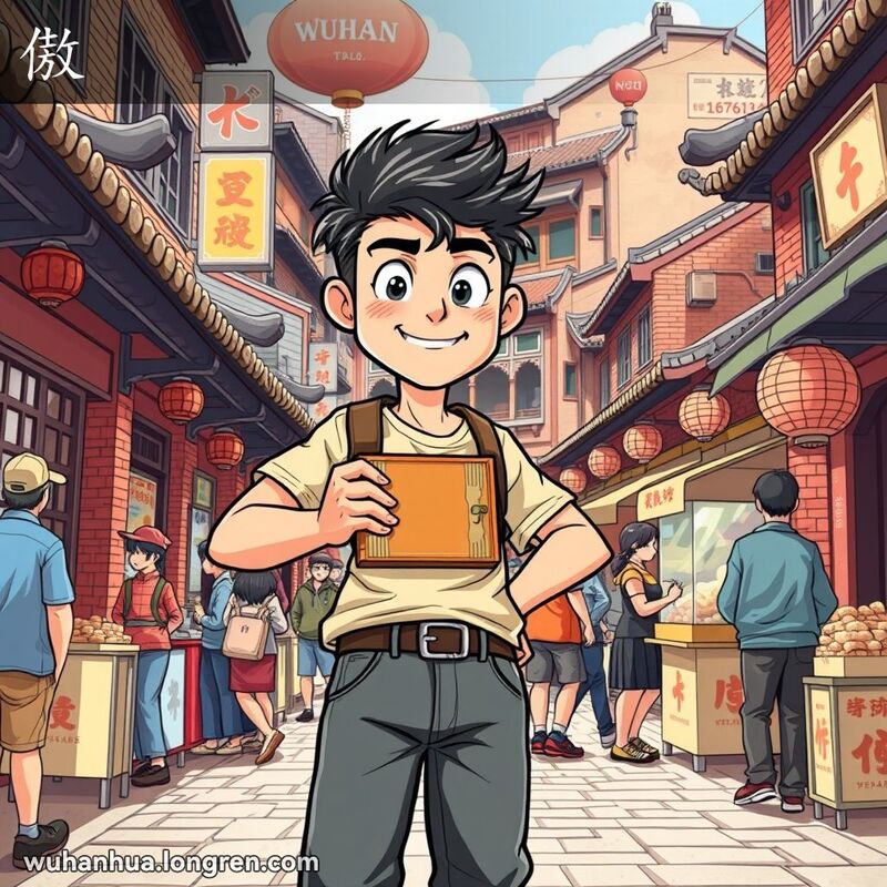 一位年轻人在武汉老街市场中自信地展示手工艺品，周围人们赞叹不已，背景是武汉老街景