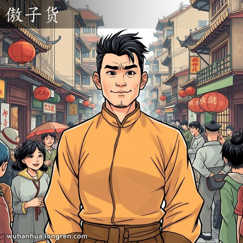 一位自信能干的武汉男子站在人群中央，背景是繁忙的武汉街景，体现“傲子货”的精神