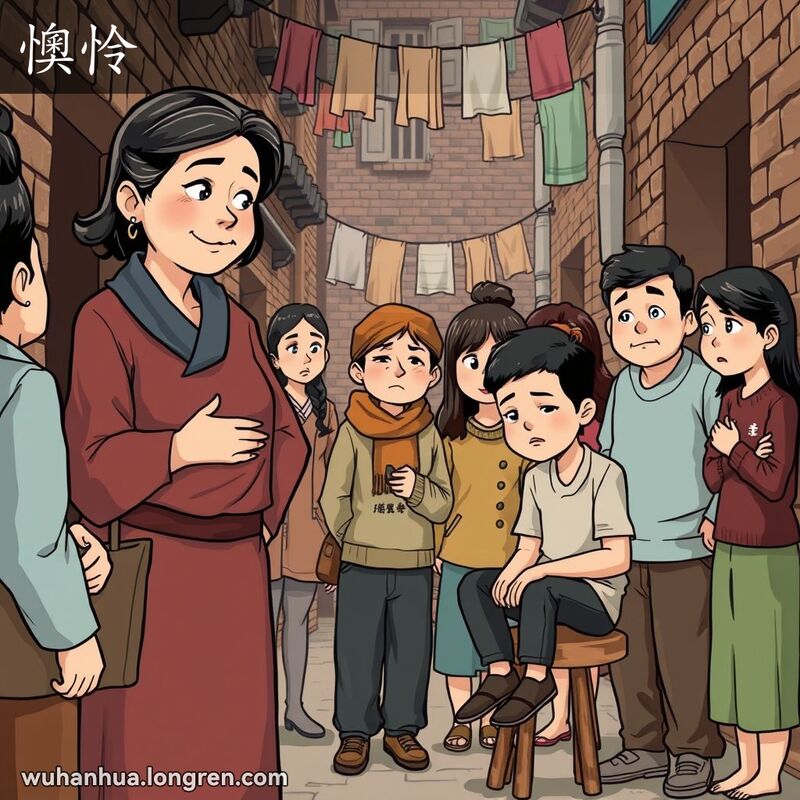 一群人在武汉巷子里，中年妇女安慰悲伤的年轻人，背景是老旧的砖墙和晾晒的衣物