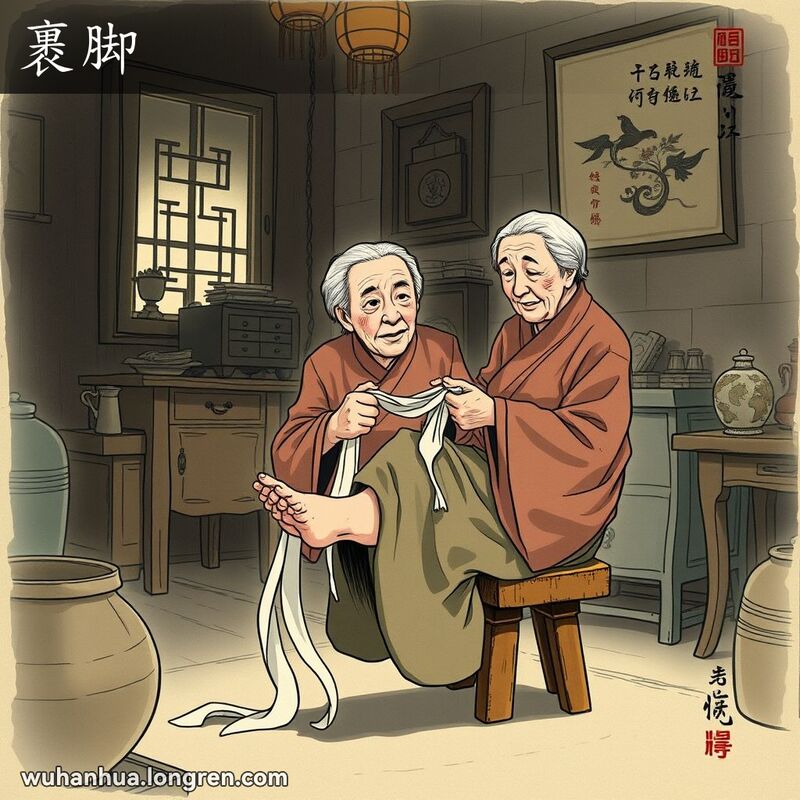 一位武汉老妇人坐在木凳上，手持长布条，正在裹脚，背景是昏暗的老房间