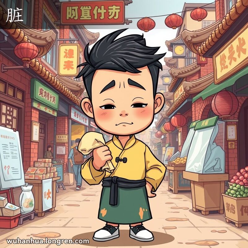 一位穿着传统武汉服饰的人站在市场中，手拿脏布，露出嫌恶的表情，背景是武汉老街市场景象
