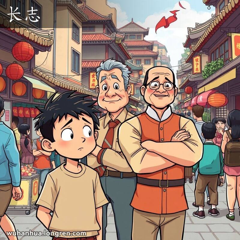 武汉街头，小男孩与人争吵，老人在背后支持，背景是武汉老街景