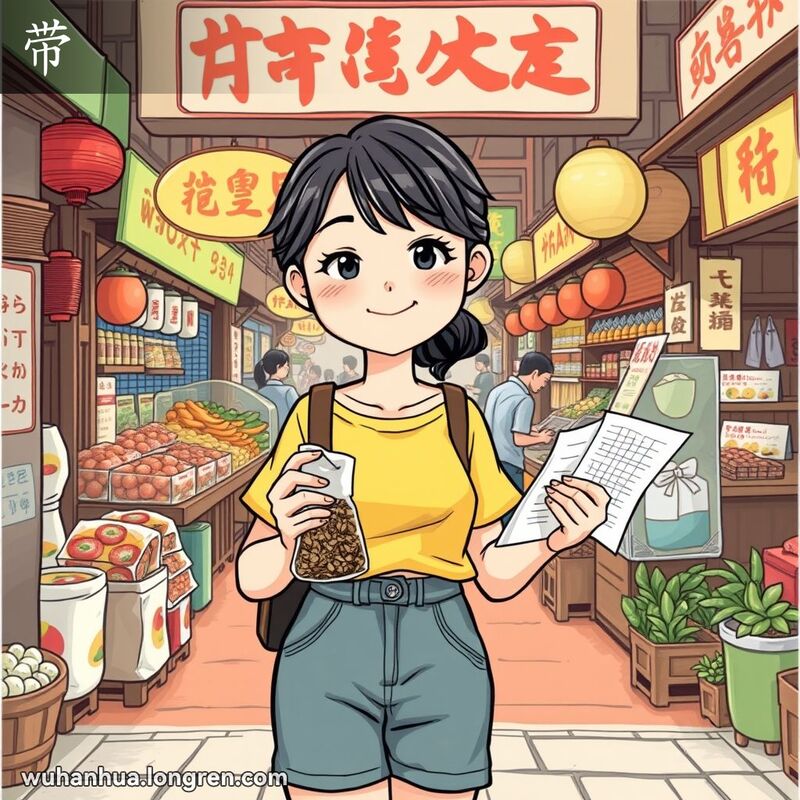 一位年轻的武汉女子站在街市入口，手持茶叶和购物清单，背景是热闹的街市摊贩