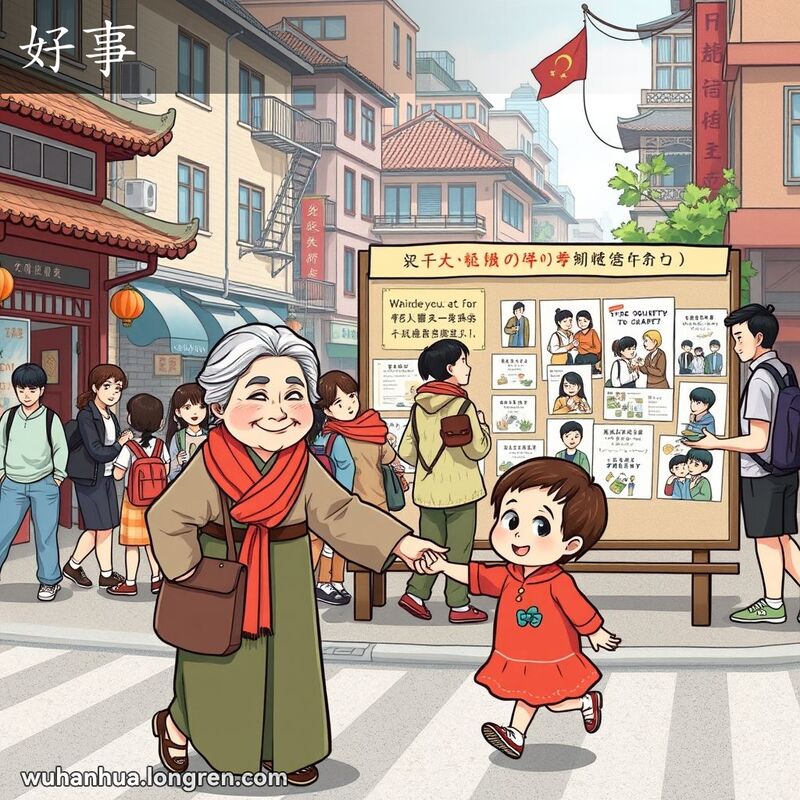 一位老奶奶在武汉街头扶小孩过马路，背景是社区公告栏和志愿活动海报