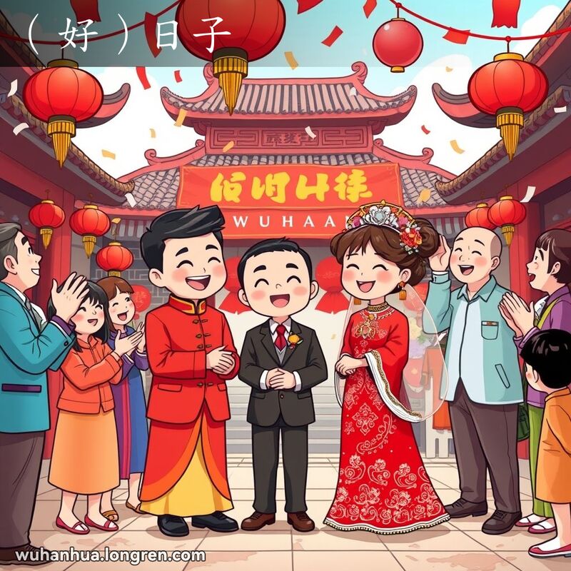 一对新人在武汉传统庭院中举行婚礼，亲友围绕，背景有红灯笼和彩旗，画面充满喜庆气氛。