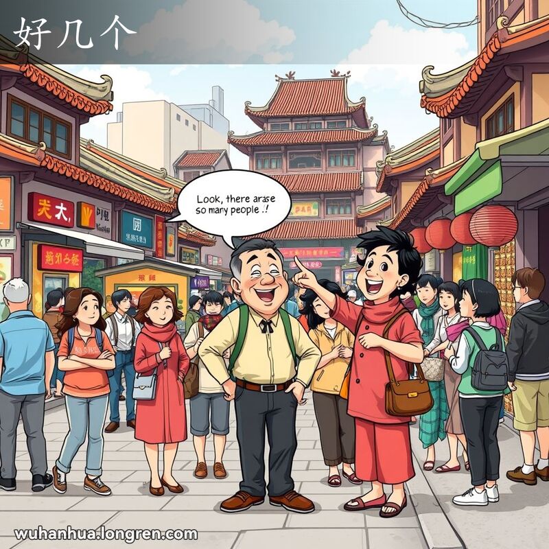 一位武汉居民指着街道右侧的一群人，脸上带着惊讶和高兴的表情，背景是热闹的武汉街道。