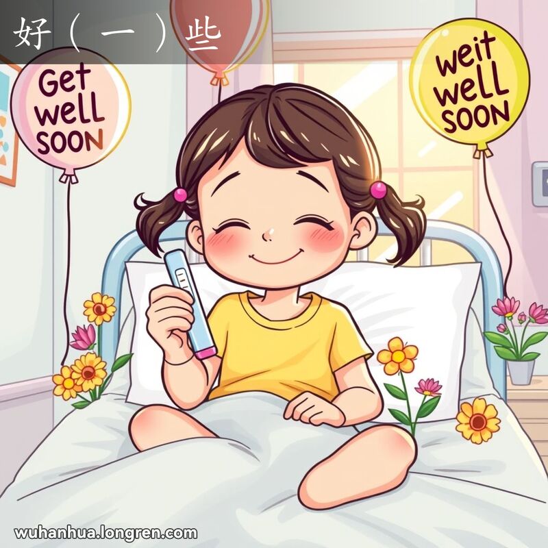 一位女孩坐在医院病床上，手持体温计，露出微笑，周围有康复气球和鲜花，象征健康改善