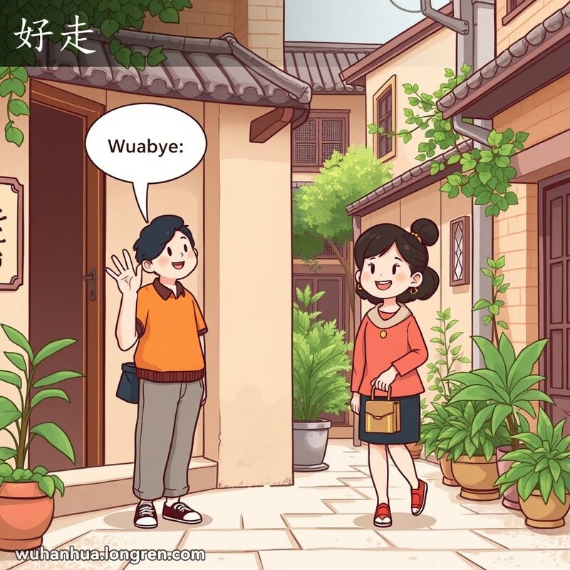 一位武汉市民站在家门口，微笑着向离开的客人挥手道别，背景是武汉老街景
