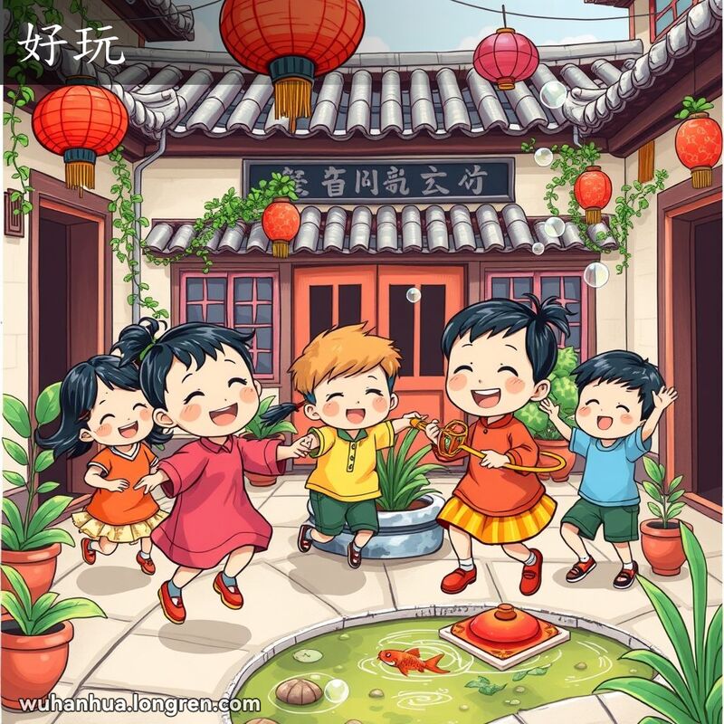 一群孩子在武汉庭院中快乐玩耍，体现“好玩”的轻松愉快氛围