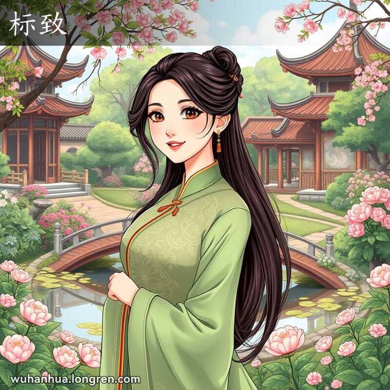 一位身穿传统中式服装的武汉美女站在花园中，展现出“标致”的美丽姿态